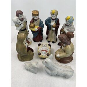 Vintage Nativity Set Of 9 Ceramic Figurines Kings Mary Joseph Baby Jesus Animals